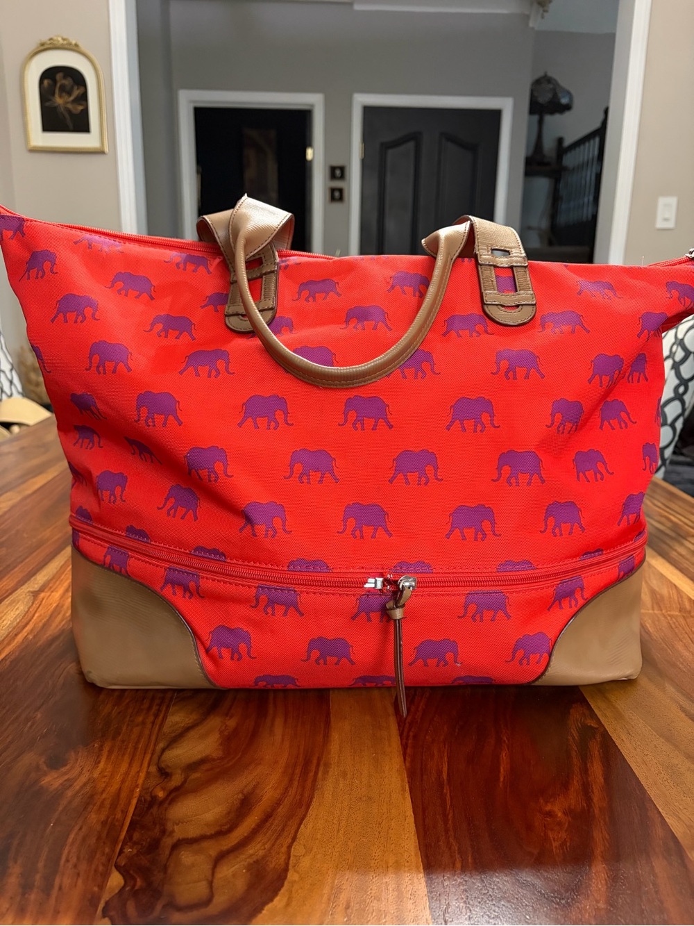 Stella & Dot Red Duffel with Purple Elephant Print and Tan Trim pls see handle